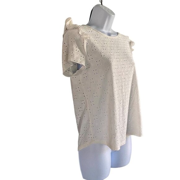 Ava James White Short Sleeve Eyelet Top Ruffle Sleeves Medium NEW - Picture 4 of 9